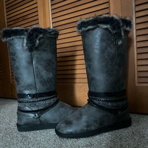 JustFab Gray Winter Rain Boots with Faux Fur Trim